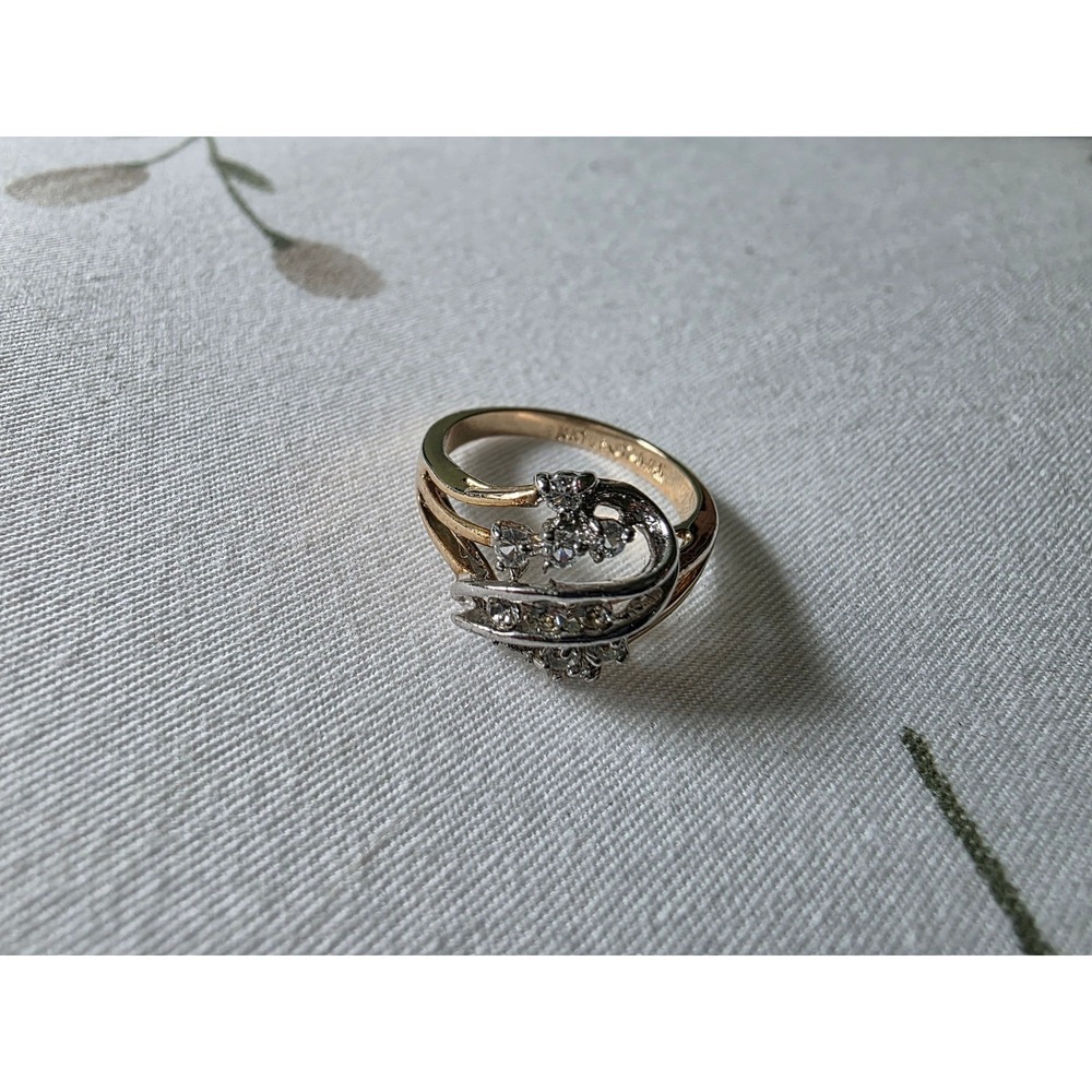 Vintage 14KT GE Two Tone Gold Electroplate Crystal Bypass Ring Size 6
